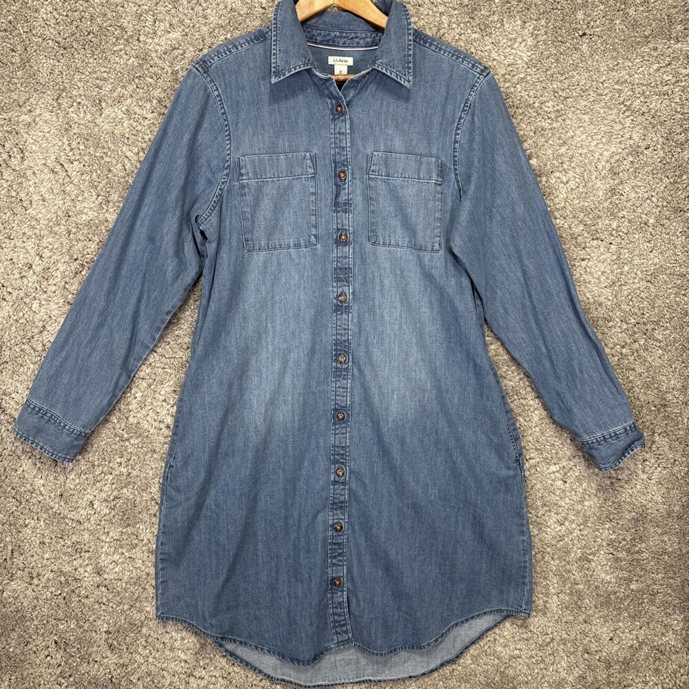 L.L. Bean Women’s Denim Shirt Dress Button Front Medium Collared Midi Knee